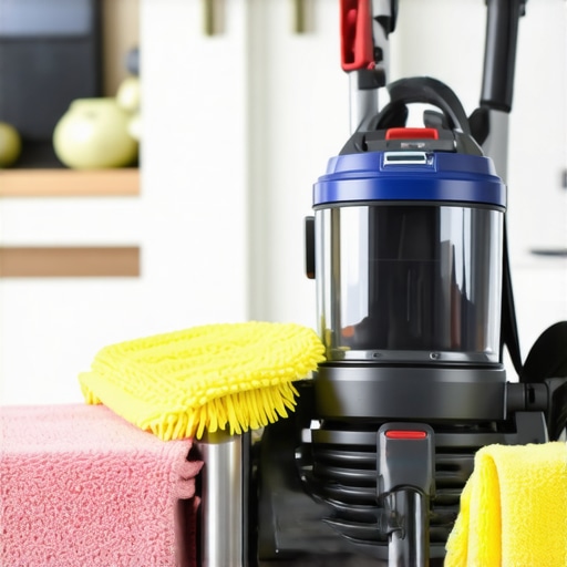 Effective Cleaning Tools for Long-Term Results Various high-quality cleaning tools like vacuum, microfiber cloths, and steam cleaner arranged neatly.