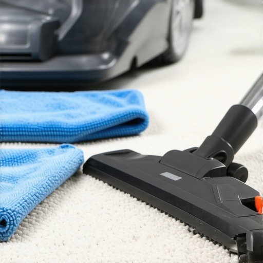 Microfiber cloths and a high-quality vacuum cleaner on a clean carpet demonstrating professional cleaning equipment.