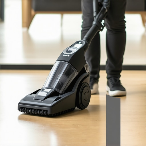 Effective Deep Cleaning Tool A person using a cordless steam cleaner to deep clean floors and upholstery in a modern home.