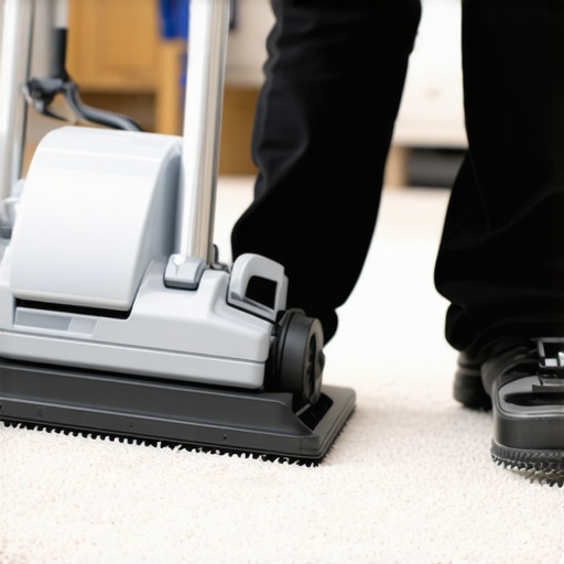 Technician cleaning a carpet with professional equipment, showcasing proper tool care.