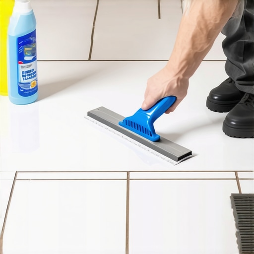 Person carefully scraping wax residue off a tiled floor with a plastic tool