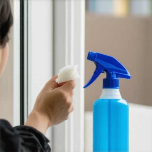 Person cleaning window sliding door track with brush and spray