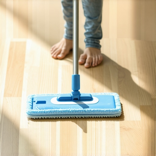 Person cleaning hardwood floor with microfiber mop in bright sunlight