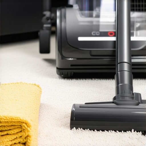 A set of advanced carpet cleaning tools and microfiber cloths arranged on a clean surface.
