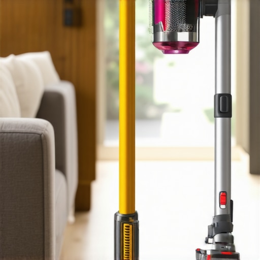 Close-up of a cordless vacuum, microfiber duster, and steam cleaner used for house maintenance