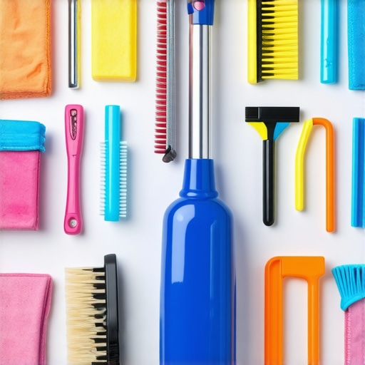 A collection of cleaning tools organized in a storage space, ready for home maintenance.