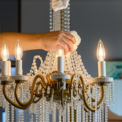 Person carefully dusting a chandelier with microfiber cloth