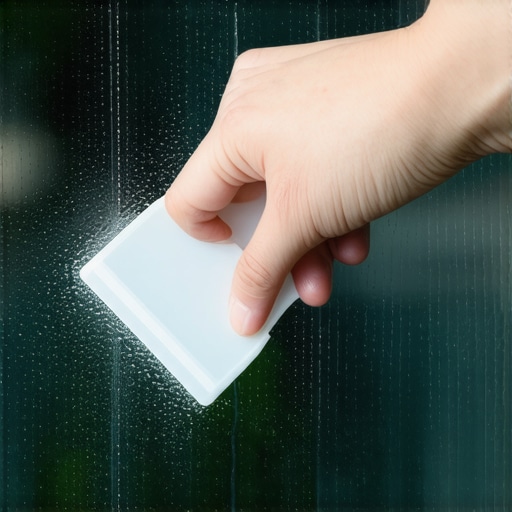 Person using a plastic scraper to delicately remove sticky tape residue from a glass window, emphasizing careful cleaning methods.