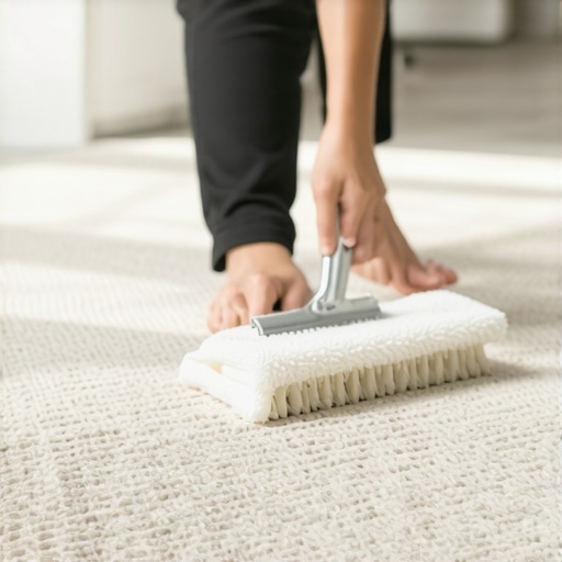 Person carefully cleaning a delicate rug with microfiber cloth in a bright living space