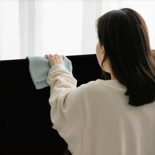 Person cleaning flat-screen TV with microfiber cloth in a bright living room