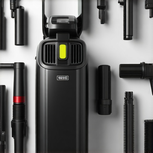 A professional vacuum cleaner with various attachments, clean and ready for use, highlighting proper tool care.
