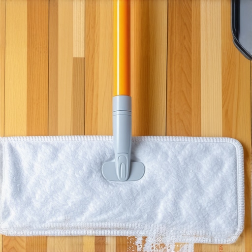 Close-up of microfiber cloth and mop cleaning laminate floor with proper moisture level.