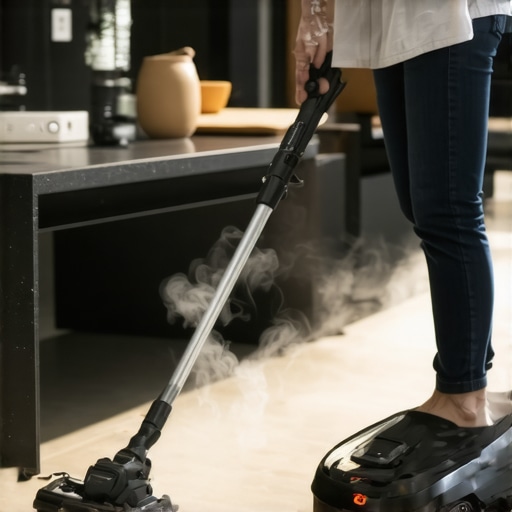 A state-of-the-art steam cleaning machine set up in a tidy living room