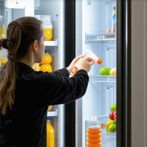 Person applying natural disinfectants inside a clean refrigerator, showcasing fresh produce and organized shelves.