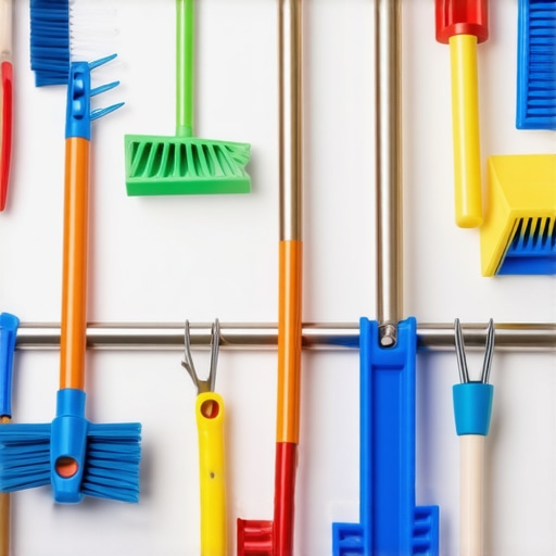 Well-maintained cleaning tools including microfiber mops, HEPA vacuum filters, and air scrubbers stored in a tidy closet.