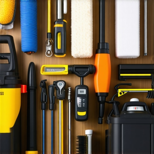 Professional Carpet Cleaning Equipment for Maintenance Organized professional carpet cleaning tools including steam cleaners, microfiber cloths, filters, and moisture meters.