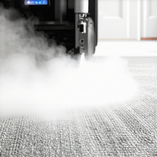 A close-up of industrial carpet cleaning tools applying steam and cleaning solutions to a deep-cleaned carpet.