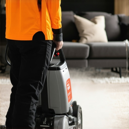 Professional Carpet Cleaning in Action A professional using steam cleaner on a carpet in a contemporary living room.
