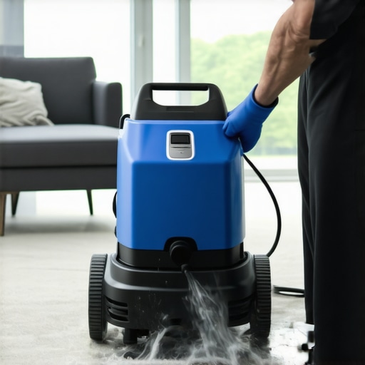 Technician deep cleaning a carpet with a steam extraction machine