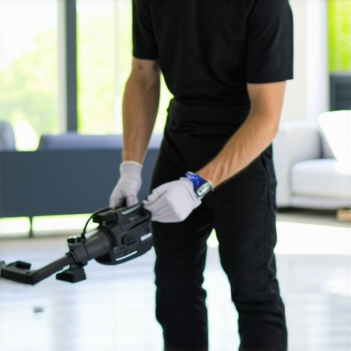 A technician using advanced cleaning tools in a contemporary living room