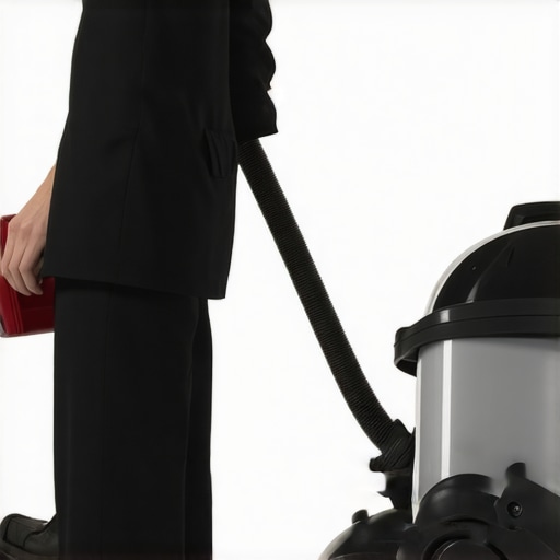 Technician vacuuming office carpets with a HEPA filter vacuum
