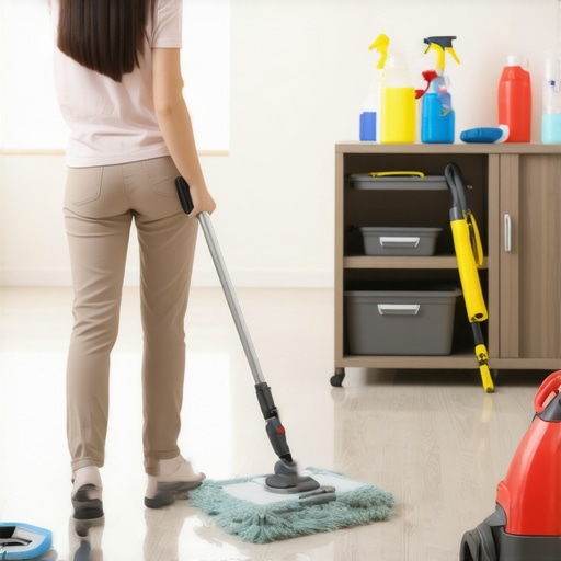 A person using microfiber mop and steam cleaner for cleaning floors, demonstrating effective home maintenance.