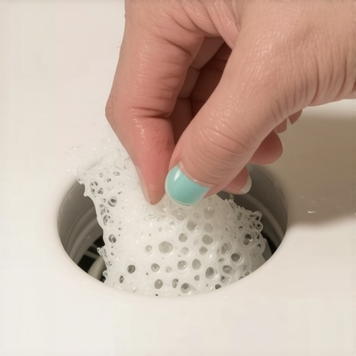 A hand using a plastic tool to extract hair from a bathroom drain opening.
