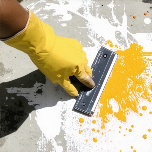 A person gently scraping dried paint from a concrete surface with a plastic tool.