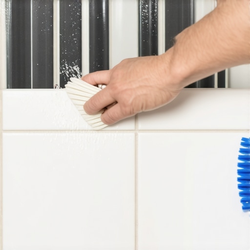 Person scrubbing mold from bathroom grout with a brush