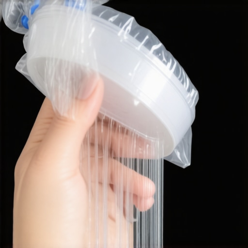 Person wrapping a showerhead with a vinegar-filled plastic bag secured with rubber bands for cleaning