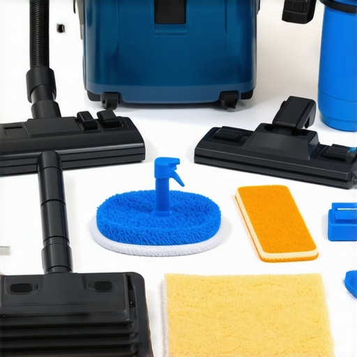 Professional carpet cleaning tools including vacuum, steam cleaner, and cleaning solutions arranged neatly.