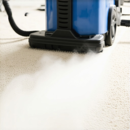 A professional-grade steam cleaner deeply cleaning a plush carpet in a home setting.