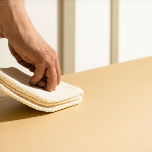 A person expertly wiping a tack cloth over a wooden trim to pick up dust