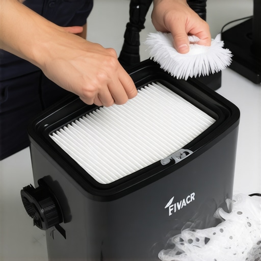 Person rinsing and drying a vacuum filter to remove dust and debris.