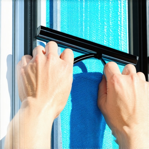 Person cleaning a window with squeegee and cloth in sunlight