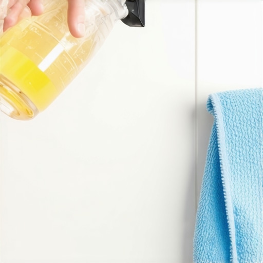 A hand spraying vinegar and water mixture on bathroom wall for cleaning
