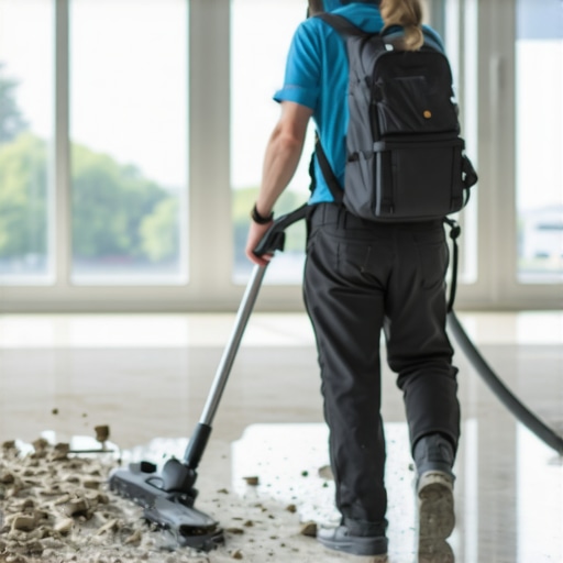 Person using backpack vacuum to efficiently clean a construction site