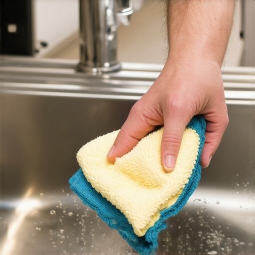 A person polishing a stainless steel kitchen sink to remove scratches with a microfiber cloth.