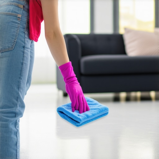 Person cleaning baseboards using a microfiber cloth in a living room.