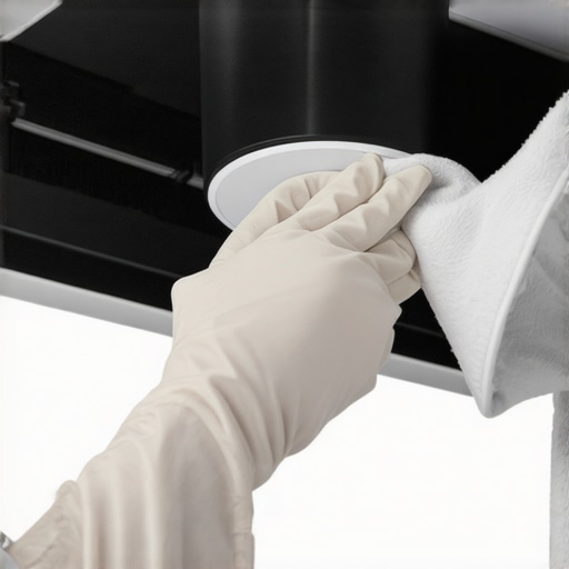 Person cleaning bathroom exhaust fan with brush and cloth