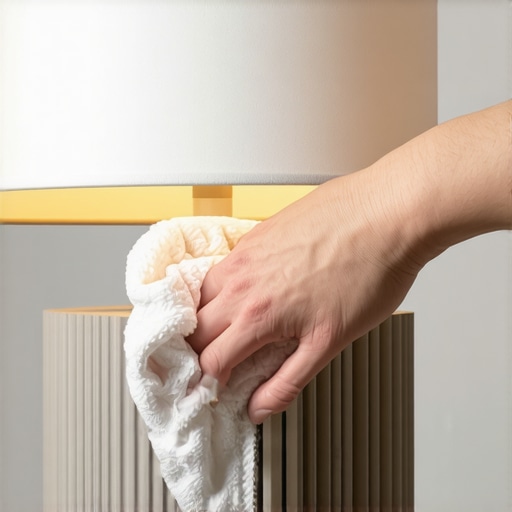 Hand wiping pet hair off a lampshade with a microfiber cloth