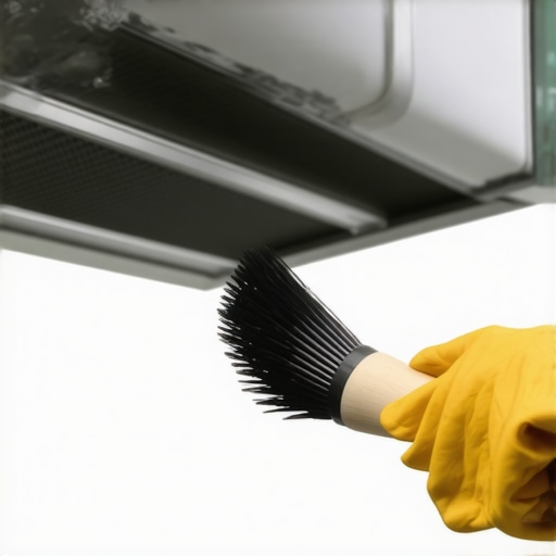 Person scrubbing greasy kitchen exhaust filter with a brush.