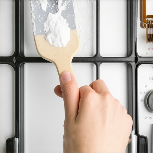 Hand using silicone spatula to clean burnt residue from glass stove surface