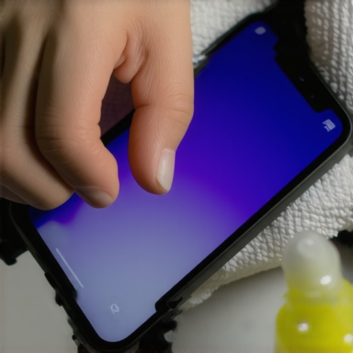 Person cleaning a smartphone screen with a microfiber cloth and alcohol solution