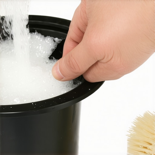Person rinsing vacuum filter with water and brush for maintenance.