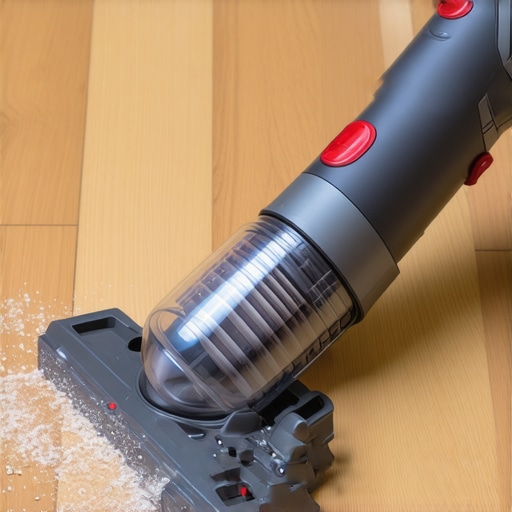 A person using a handheld vacuum with a HEPA filter to clean a wooden floor, showcasing its portability and efficiency