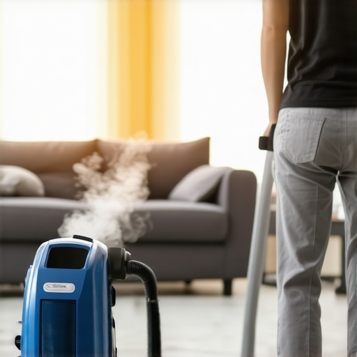 Person using a steam cleaner on a carpet in a modern living room.