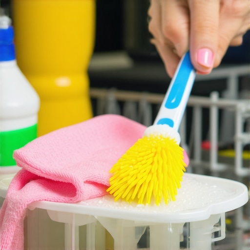 Person scrubbing a dishwasher filter with a toothbrush during cleaning process