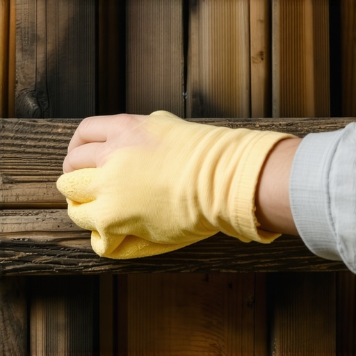 Person cleaning textured rustic wood beams with microfiber cloth