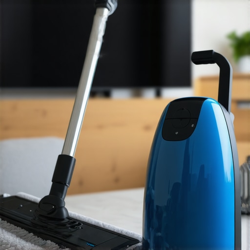 Microfiber mop and steam cleaner ready for use in a bright, organized laundry room